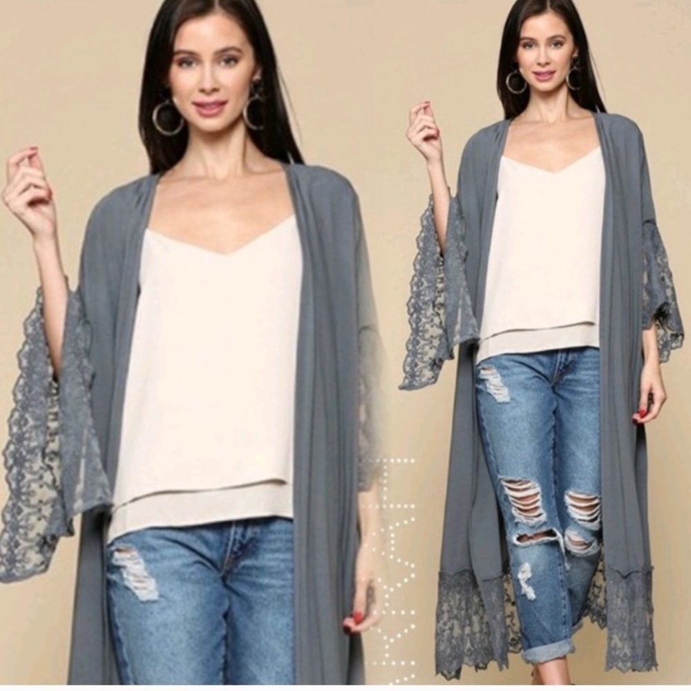 Last M New Cozy Boho Lace Trim Kimono Duster - Picture 7 of 12